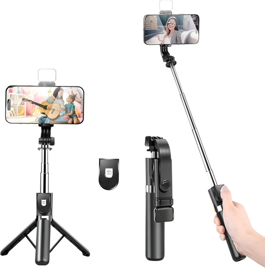 Dsynk Gear 3-in-1 Selfie Stick Tripod with Rechargeable LED Light & Bluetooth Remote – Dual Brightness for Makeup, Selfies & Photography