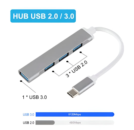 Dsynk Gear USB Type-C Hub, 4 Ports USB 3.0/2.0, 15cm Cable, Aluminium Body, High Speed Data Transfer