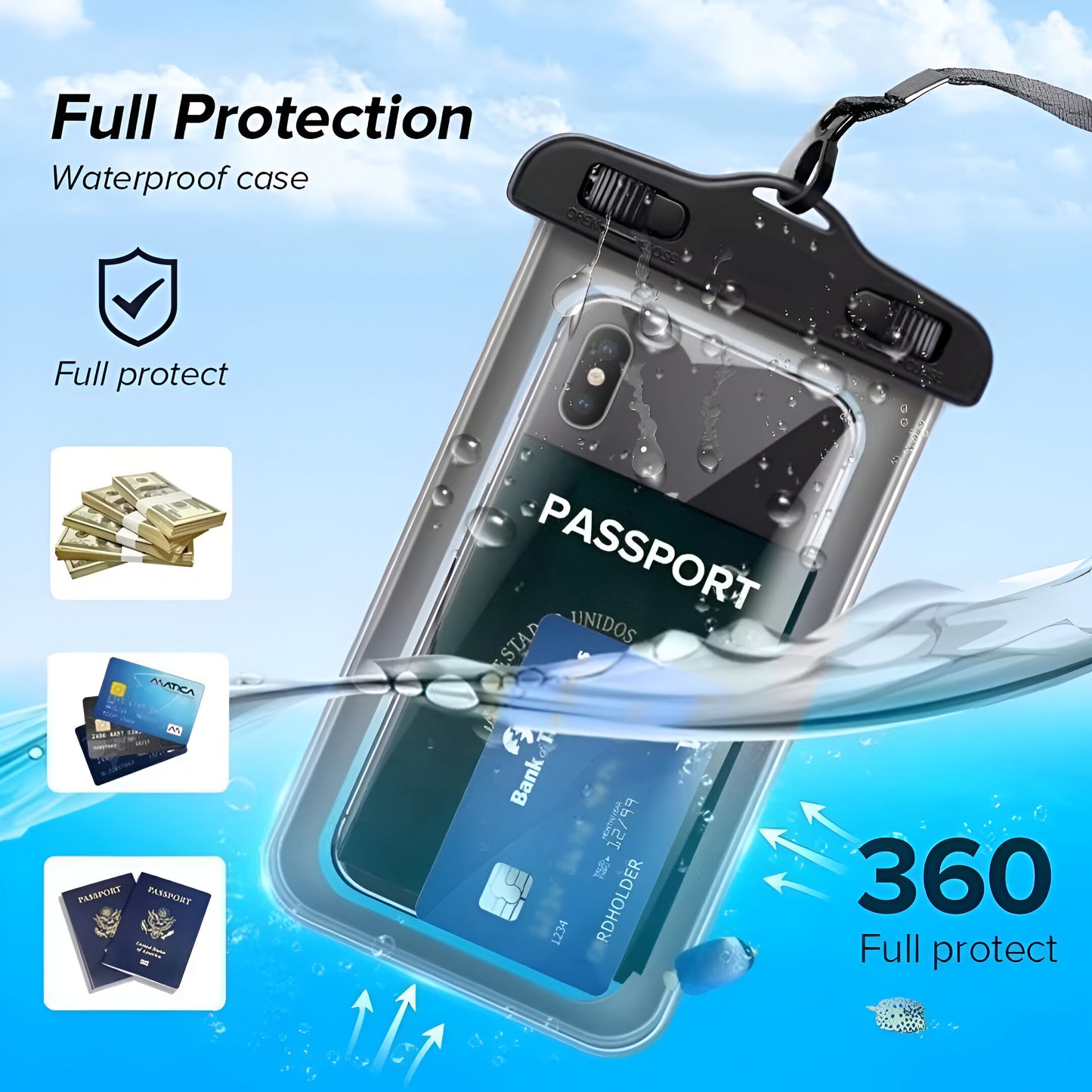 Dsynk Gear Universal Waterproof Mobile Phone Pouch, Underwater Dry Bag Case with Lanyard (Black, Pack of 2)