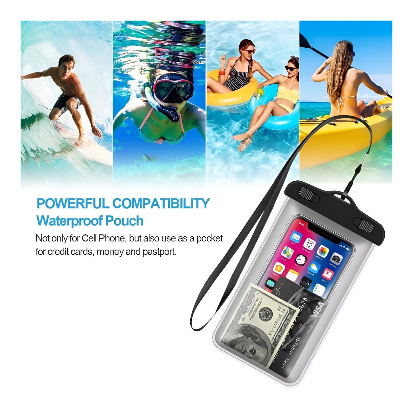 Dsynk Gear Universal Waterproof Mobile Phone Pouch, Underwater Dry Bag Case with Lanyard (Black, Pack of 2)